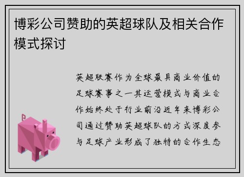 博彩公司赞助的英超球队及相关合作模式探讨